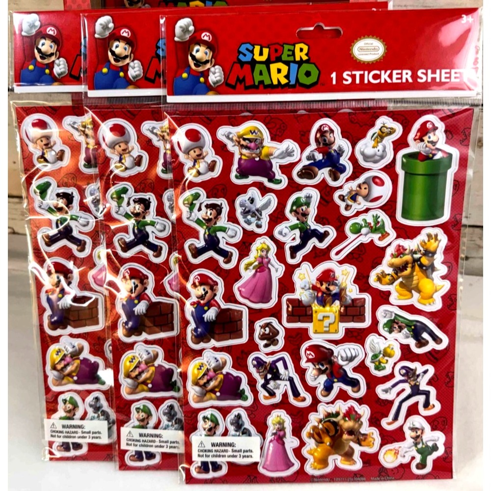 Nintendo Super Mario Sticker Sheet Lot 3 Kids Party Favor Luigi Bowser Peach Red